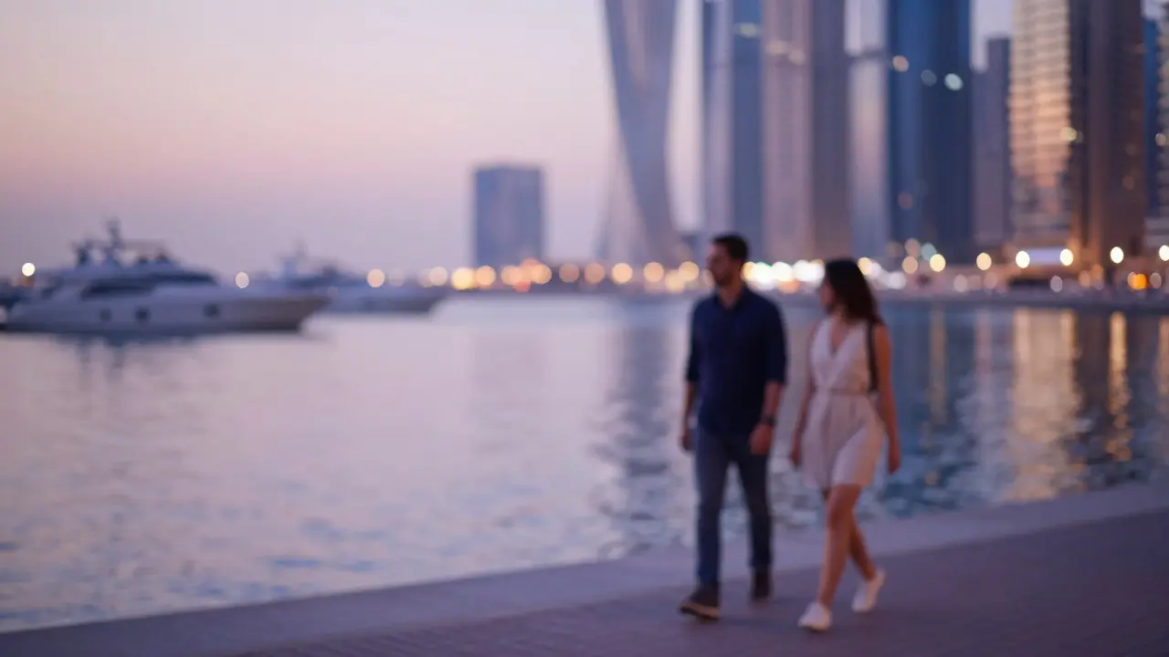 A couple walking along Dubai Marina at dusk, reflections of skyscrapers on the water.