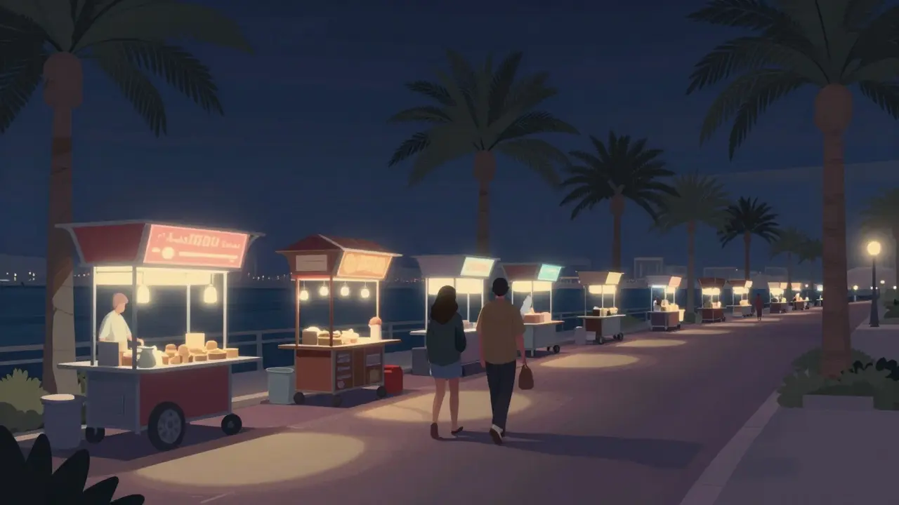 A couple walking at night past hidden food carts along Dubai Marina under soft neon lights.