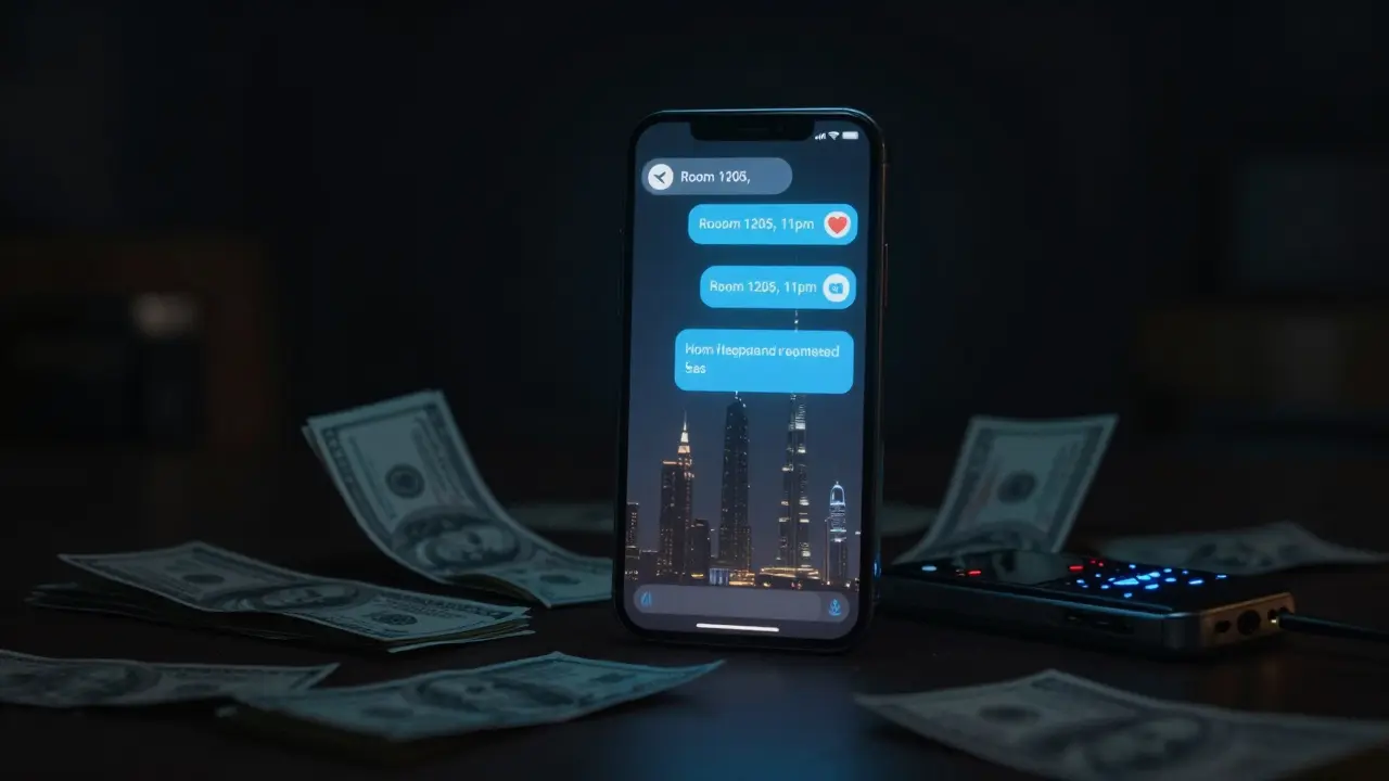 A dark room with a glowing smartphone showing encrypted messages, cash, and a burner phone, reflecting Dubai's skyline.