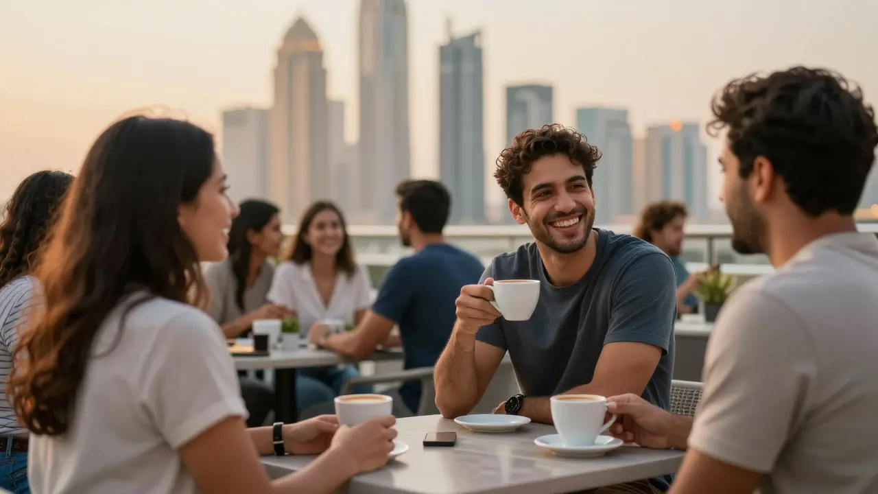 A diverse group of expats laughing together at a rooftop coffee meetup in Dubai at dusk.