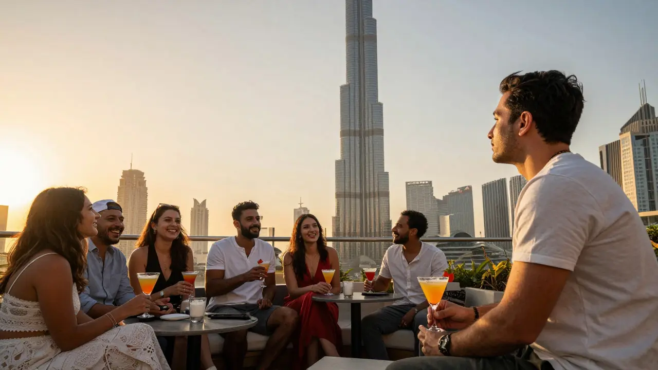 A man on a Dubai rooftop at sunset, looking toward a group of people as the Burj Khalifa glows behind.