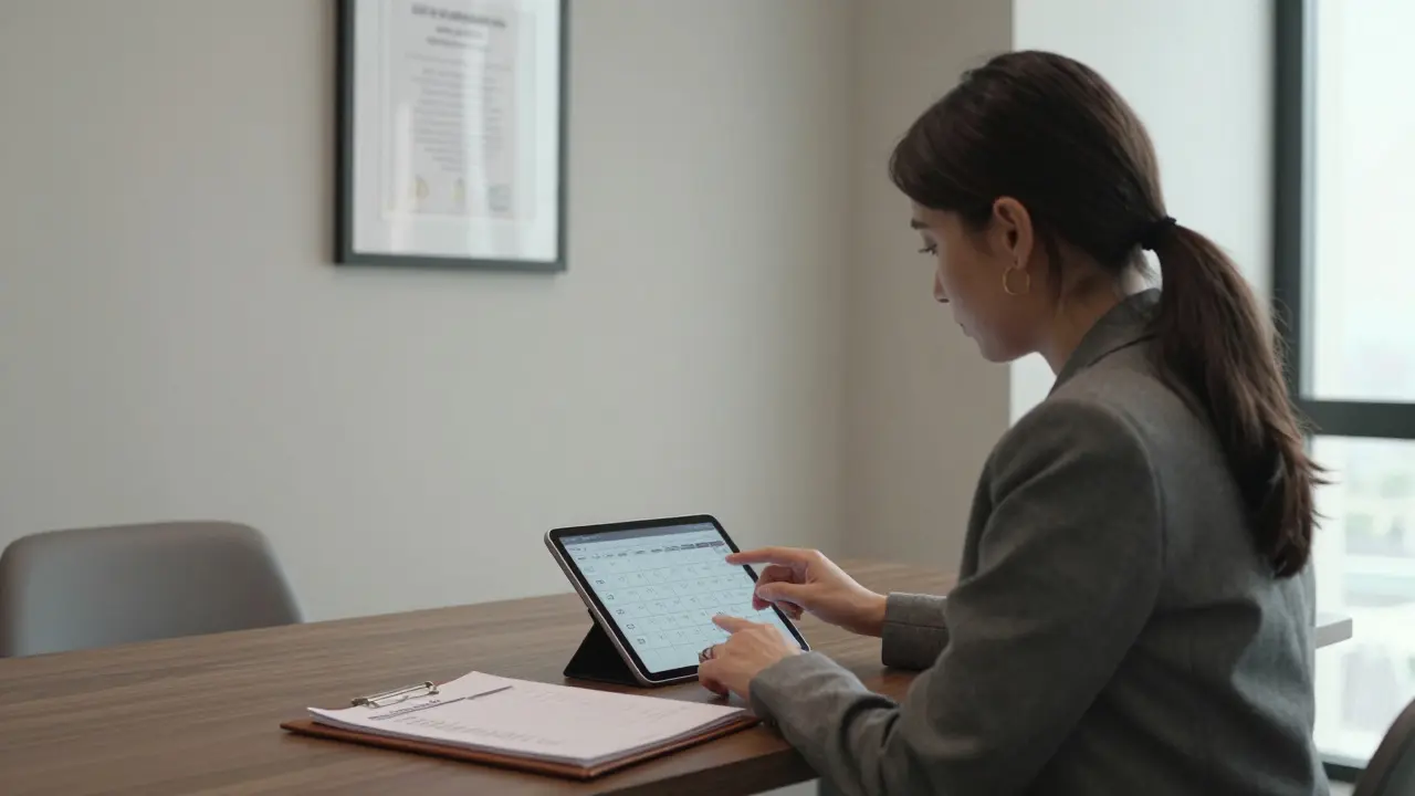 A professional woman reviewing client bookings in a discreet upscale escort agency office.