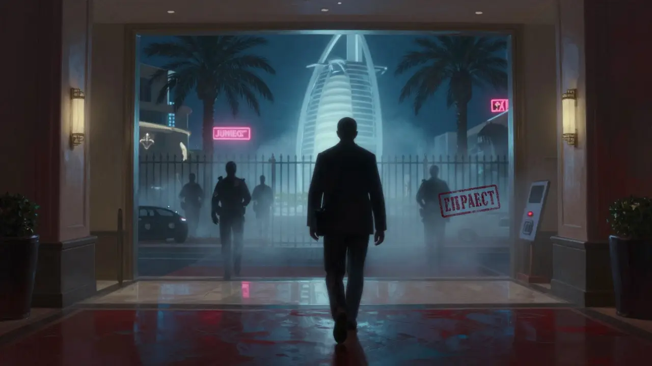 A shadowy figure leaving a luxury apartment as ghostly images of police sirens and deportation stamps appear in the fog.