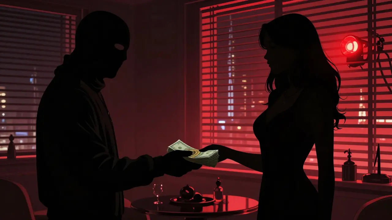 A shadowy transaction in a Dubai apartment with police sirens glowing through blinds, symbolizing legal risk.