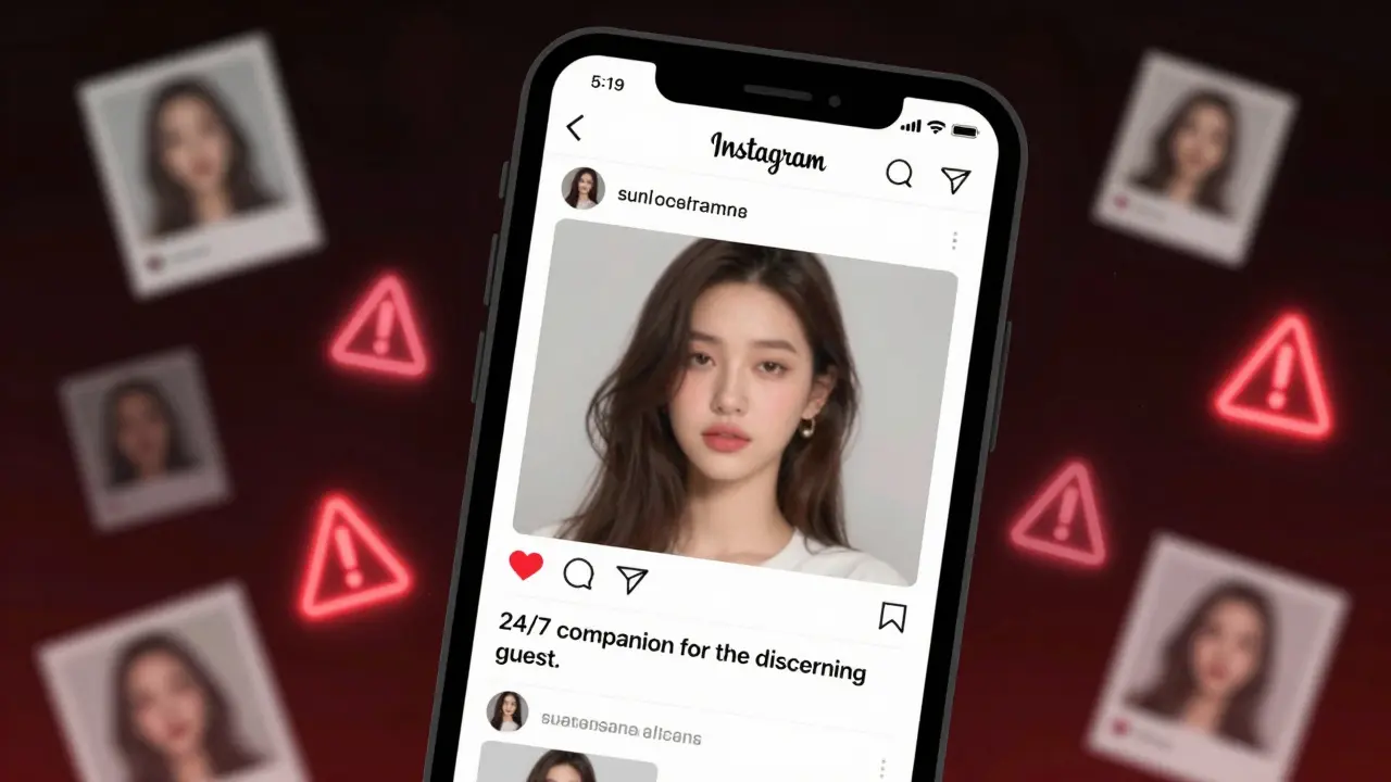 A smartphone screen displaying a deceptive Instagram escort ad surrounded by stolen photos and warning symbols.