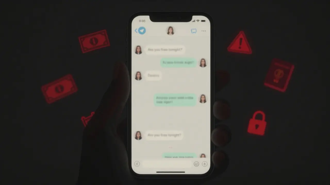 A smartphone screen showing a private chat with vague escort messages, surrounded by warning symbols of risk.