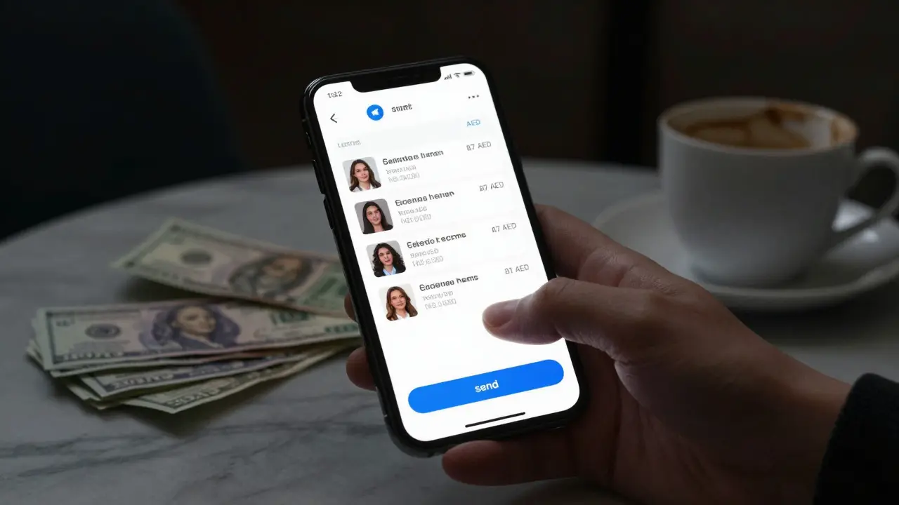 A smartphone showing blurred Telegram profiles with rates, hand hovering over send button, cash nearby.
