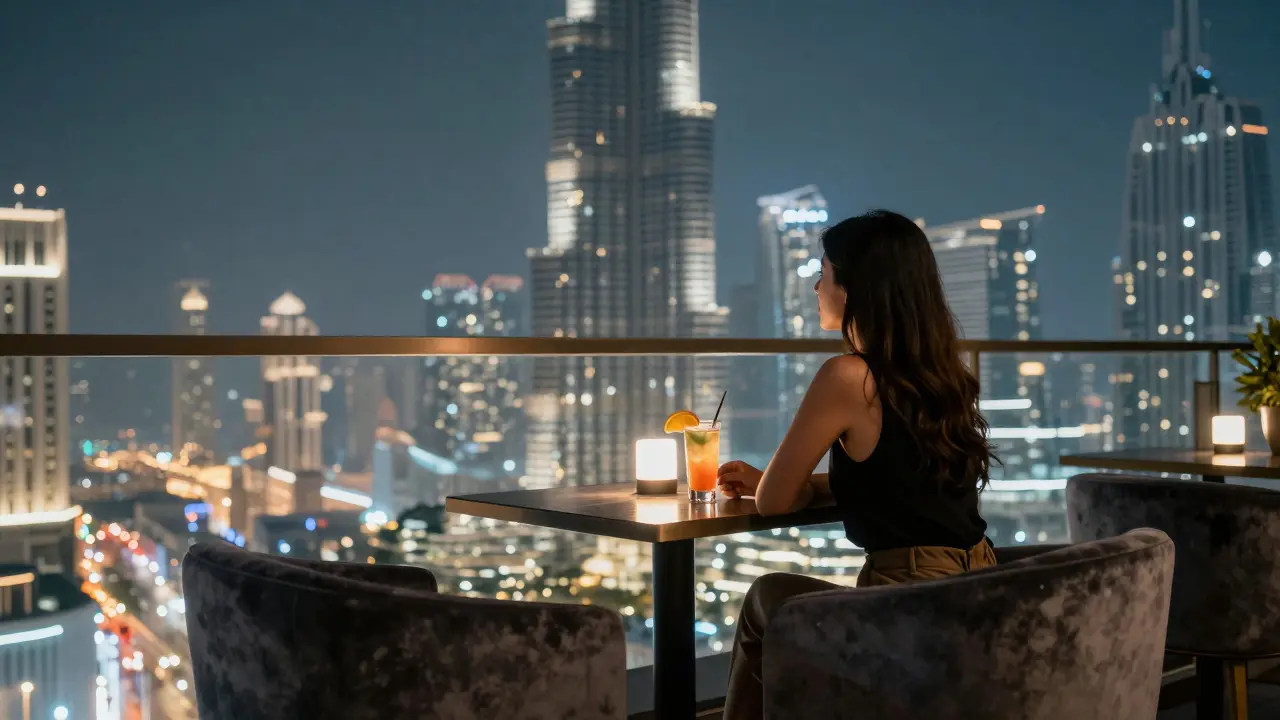 A solitary woman on a rooftop lounge gazing at the Burj Khalifa at night.