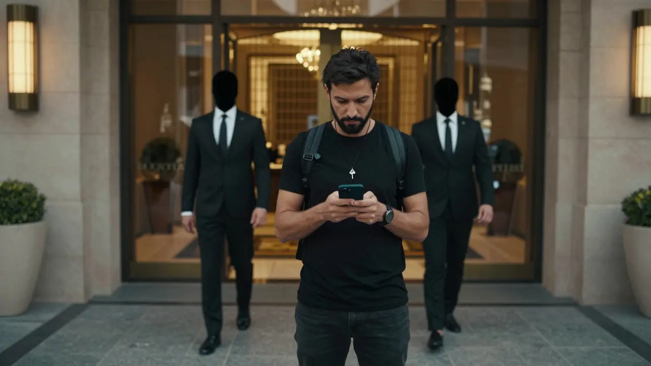 A tourist stands outside a luxury Dubai hotel as two men in suits approach silently.