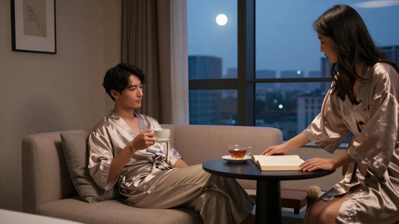 A traveler relaxes peacefully in a hotel suite with a companion, sharing quiet nighttime company.