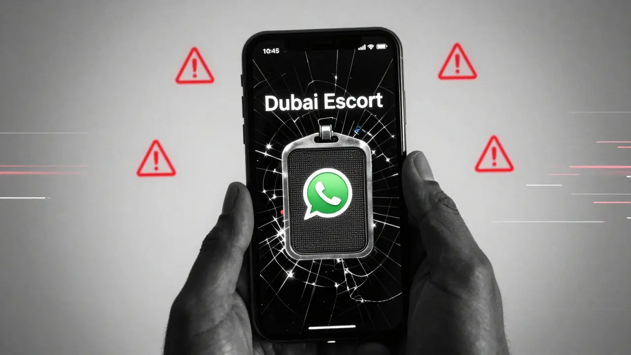 A warning symbol overlays a blocked WhatsApp number associated with scams in Dubai.