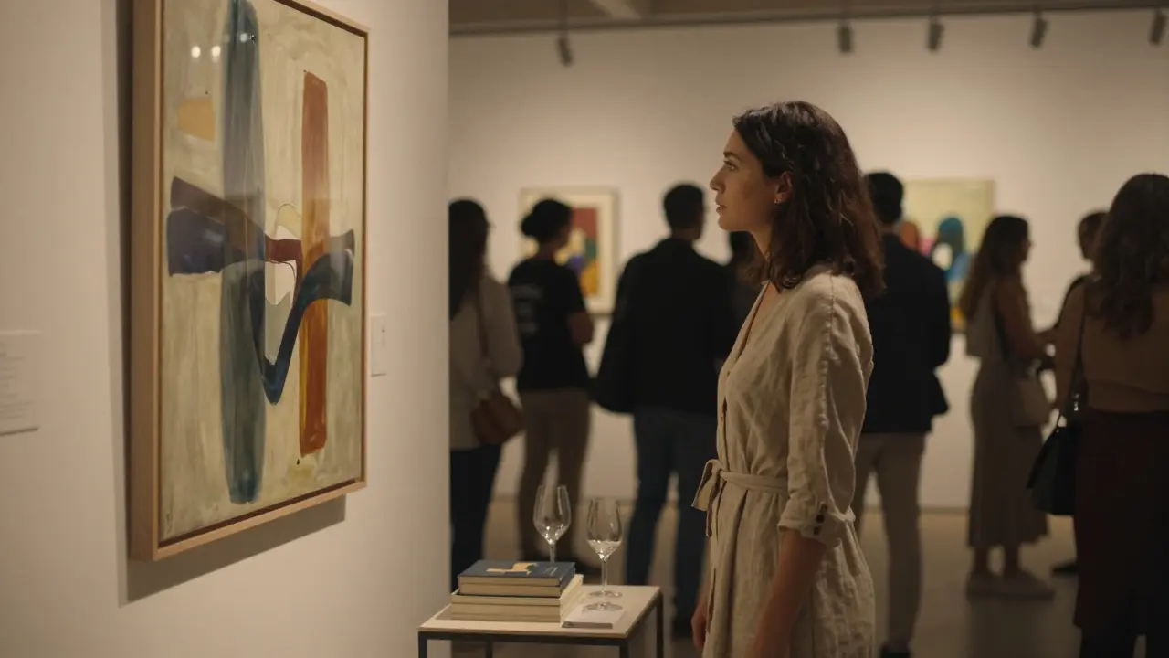 A woman in linen dress standing beside an abstract painting at an art gallery opening.