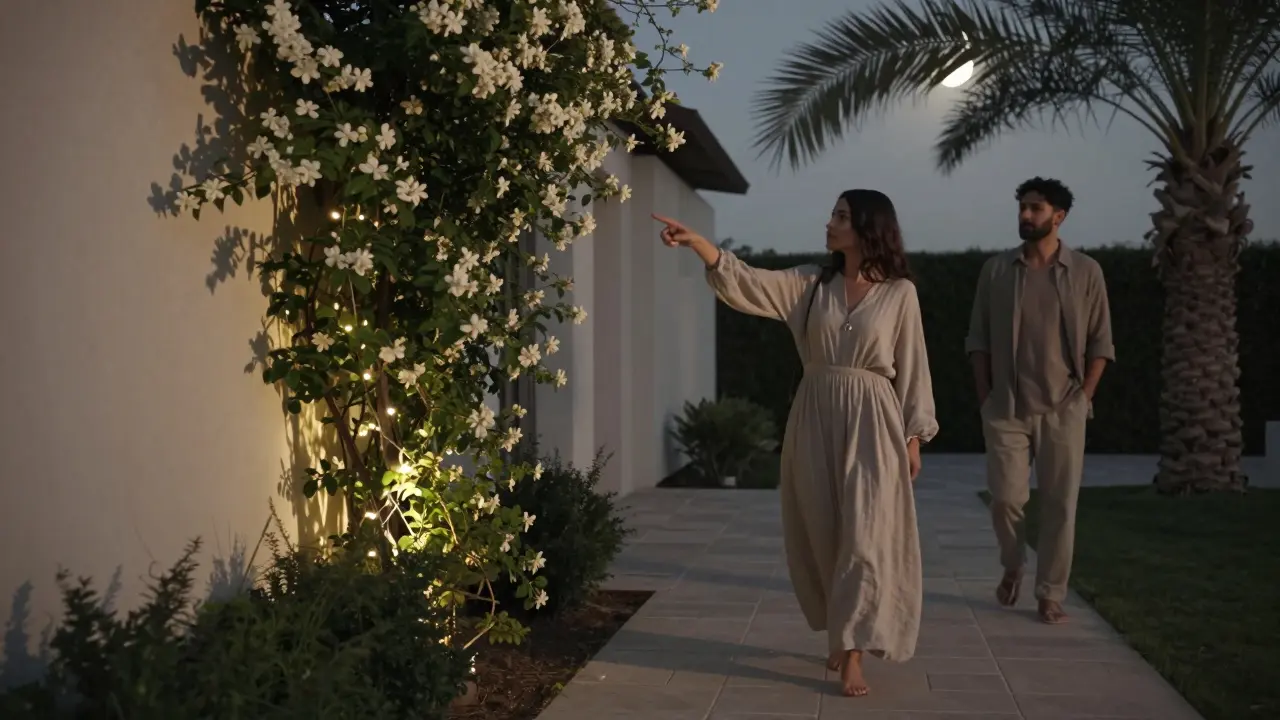 A woman points to jasmine in a villa garden at dusk, while a man watches in quiet reflection.