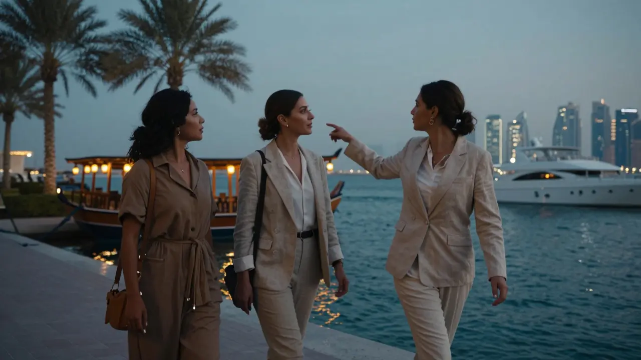 A woman walks along Dubai Marina at twilight with a professional companion, overlooking illuminated dhow cruises.