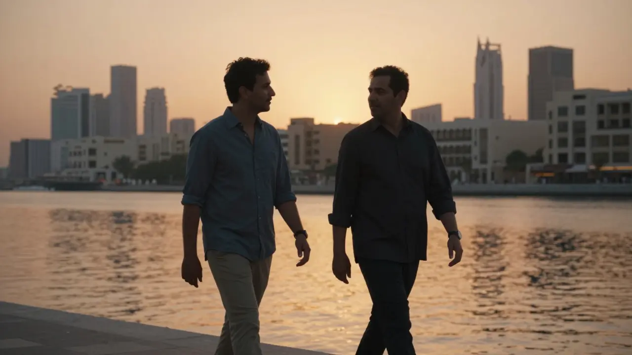 An elegant companion walks beside a client along Dubai Creek at sunset, surrounded by traditional boats and modern skyline.