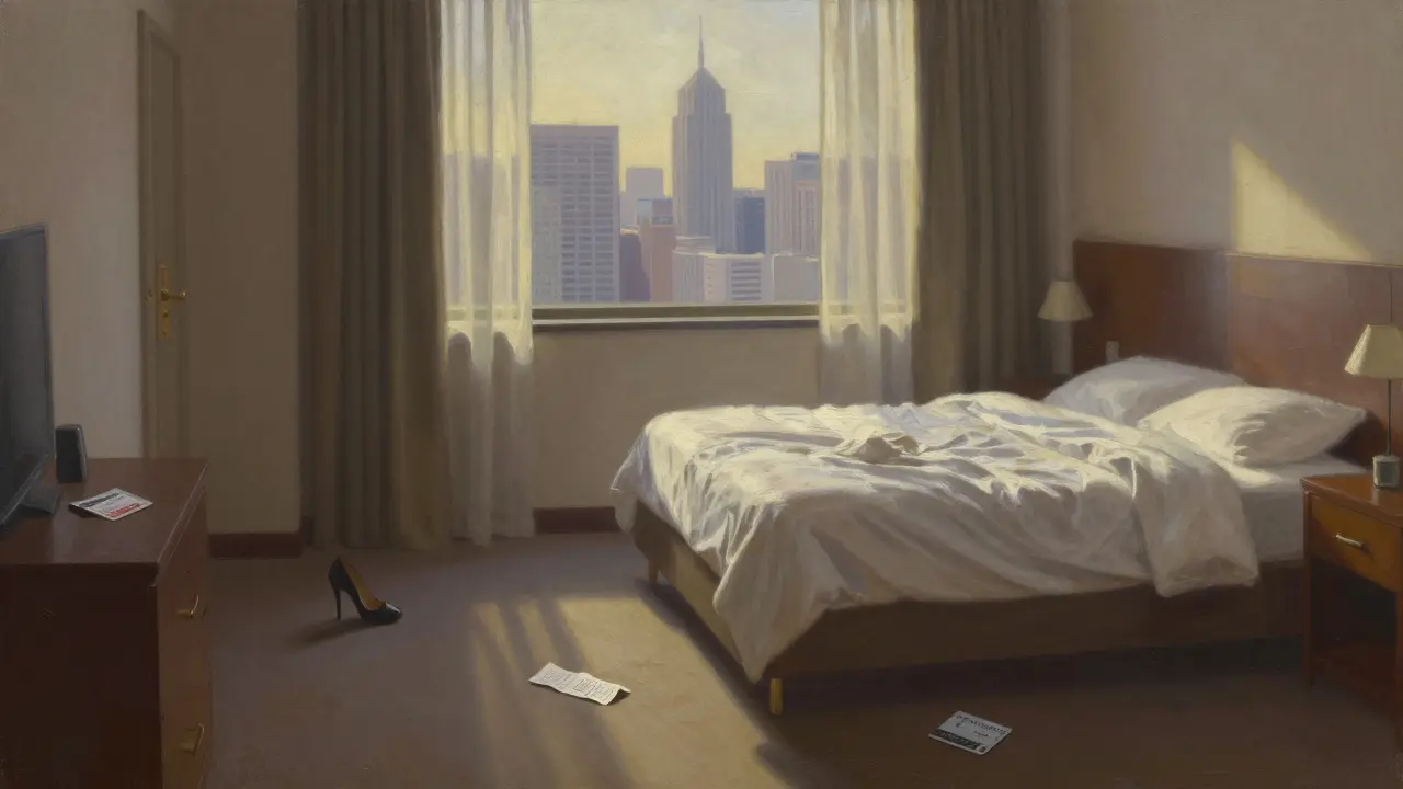An empty hotel room at dawn, a single high heel beside the door, rumpled bed, and crumpled receipt under soft morning light.