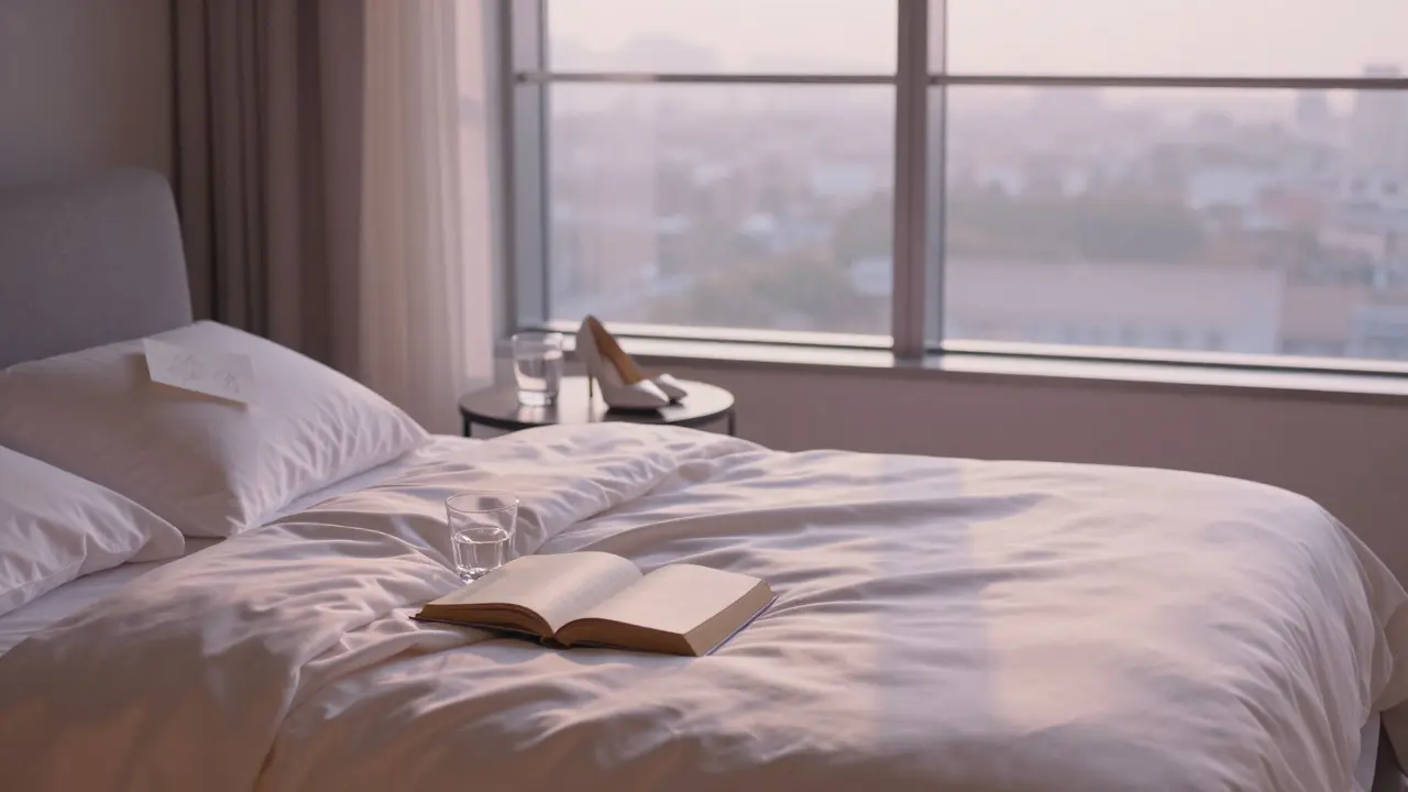 An empty penthouse suite at dawn holds only traces of a fleeting, intimate encounter.