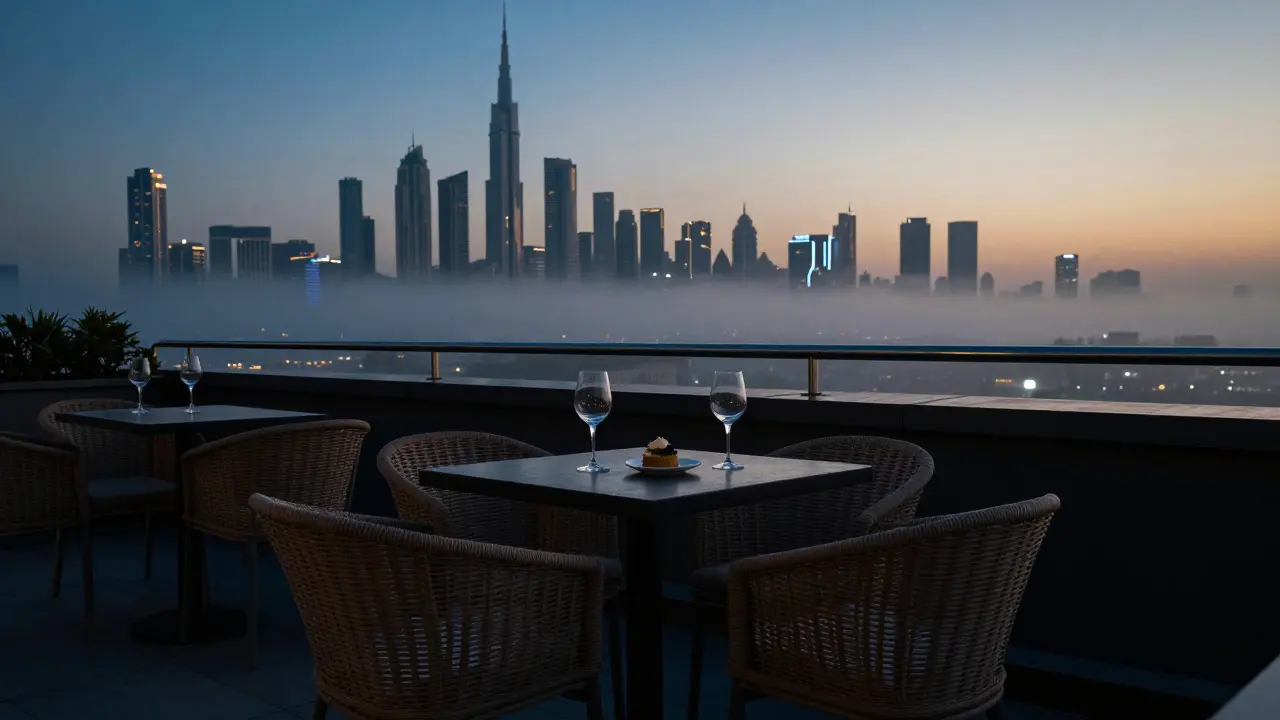 An empty rooftop bar at dawn overlooking Dubai's skyline, symbolizing quiet companionship.
