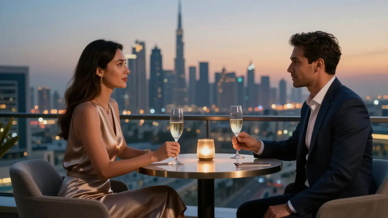 Couple enjoying champagne at Atmosphere rooftop as Dubai's skyline glows at sunset.