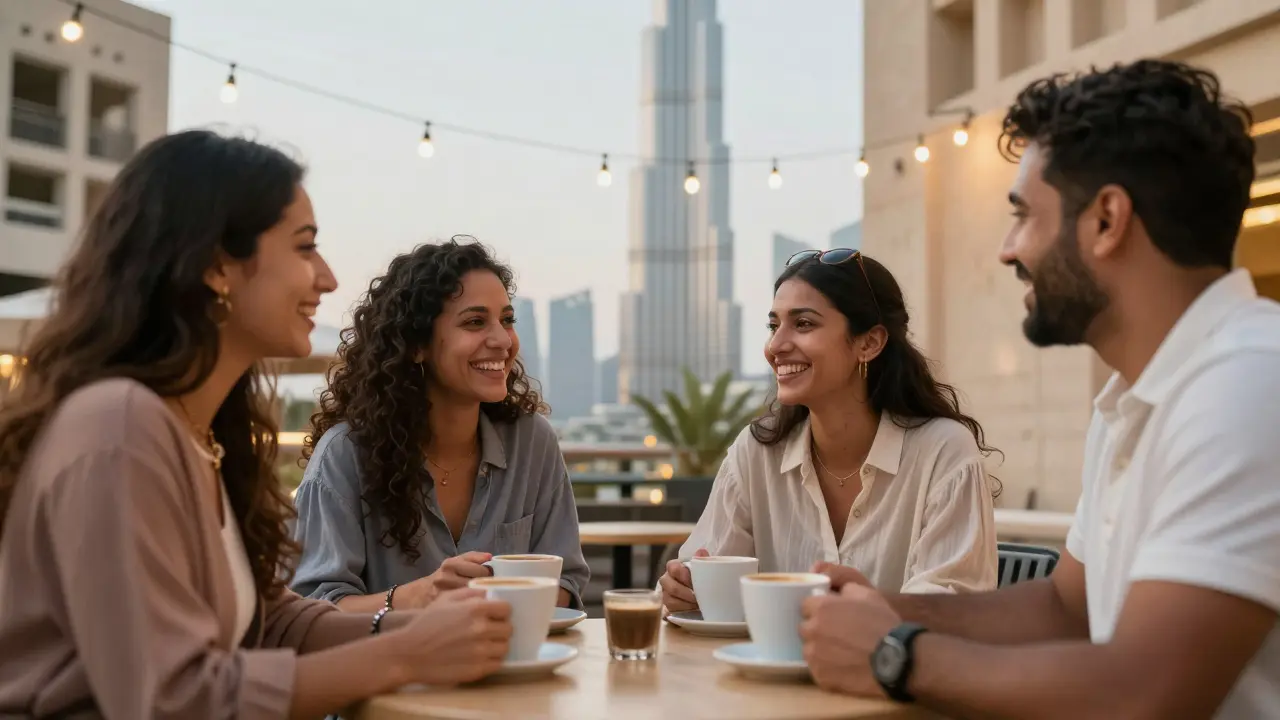 Diverse expats socializing at a cozy Dubai café under string lights, with Burj Khalifa in the background.
