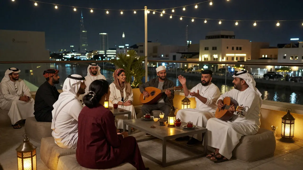 Diverse group enjoying tea on a rooftop terrace in Bur Dubai at night, conversing peacefully.