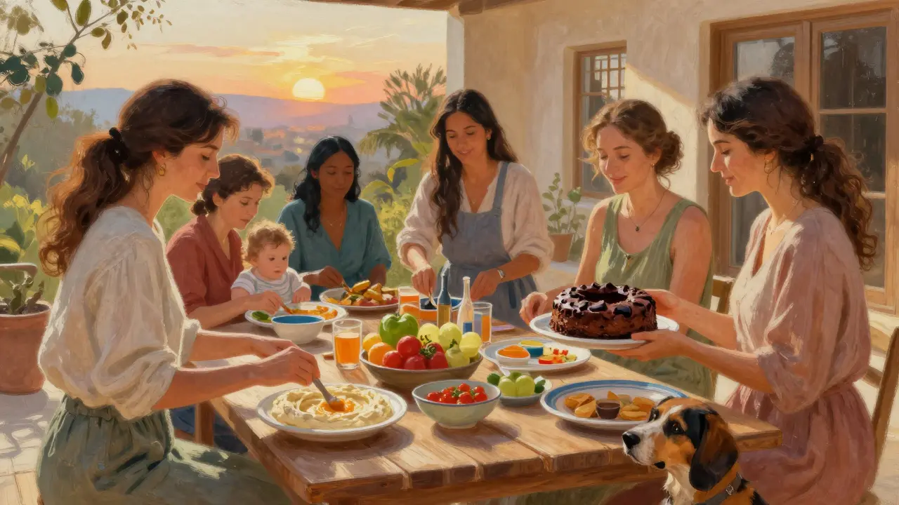 Diverse group of women sharing food and joy at a home potluck in Dubai.