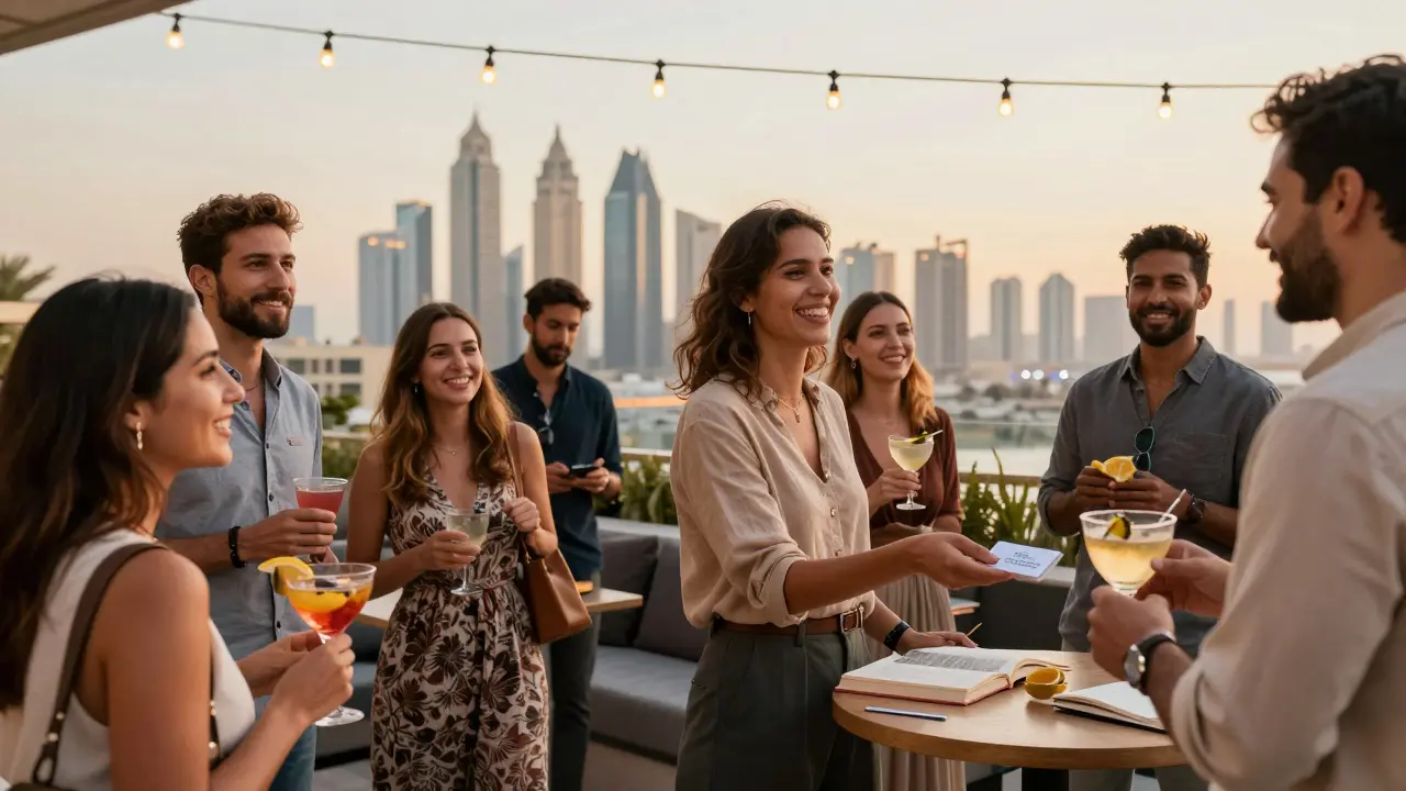 Diverse people socializing at a rooftop lounge in Dubai, enjoying conversation under city lights.