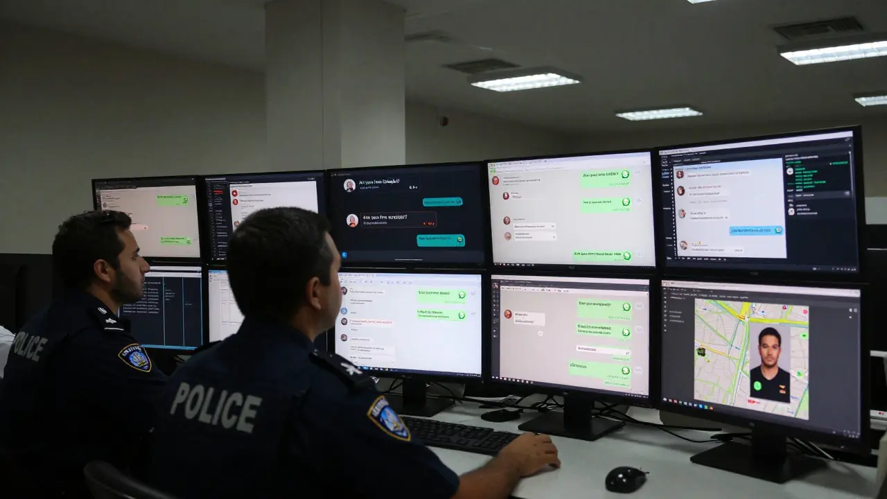 Dubai police officers monitoring WhatsApp scams on multiple screens in a cybercrime unit.