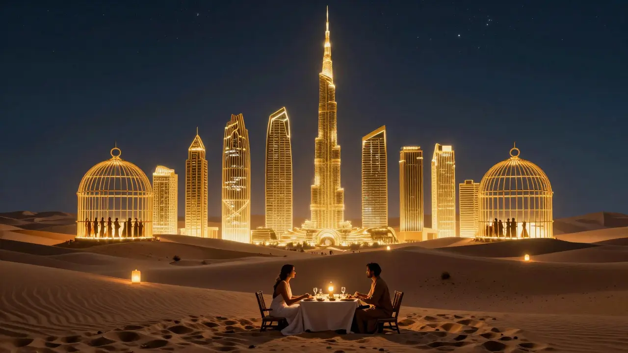 Golden cage shaped like Dubai skyline with trapped figures, contrasting serene desert dinner under stars.