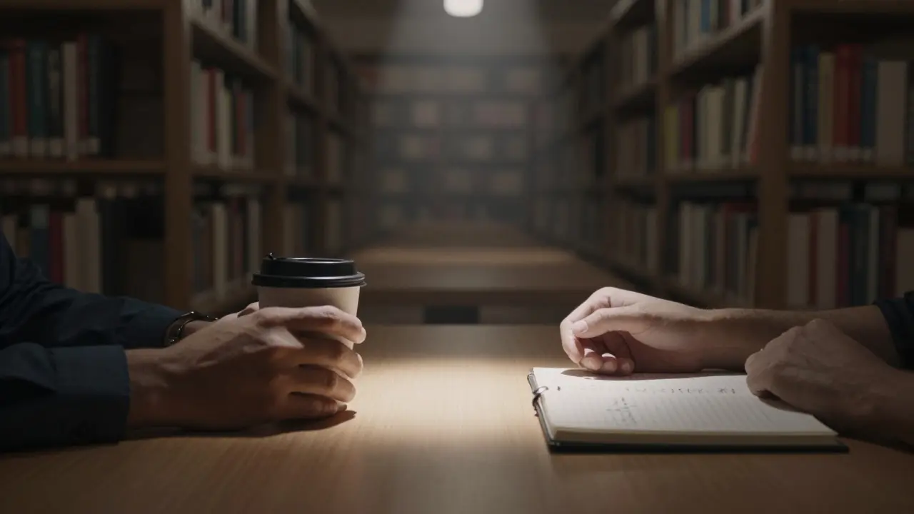 Hands reaching across a table in a quiet Dubai library, connected by light.