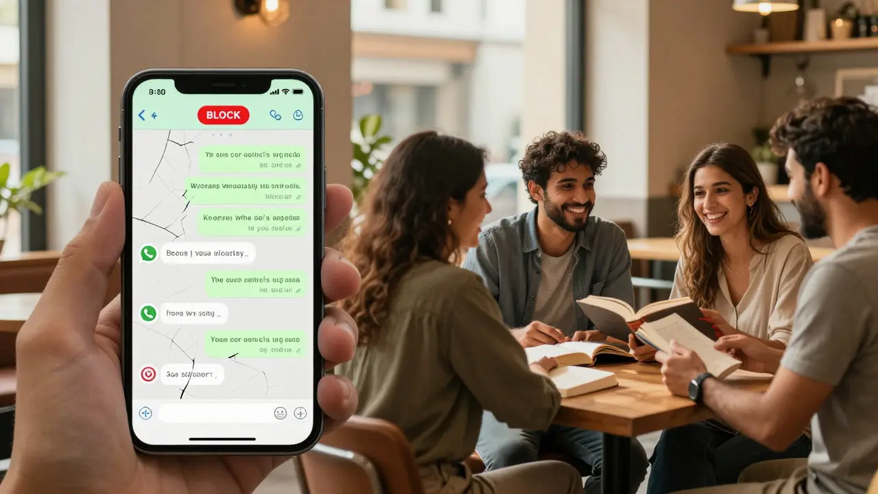 Left: damaged phone with WhatsApp messages; right: expats smiling at a cozy Dubai café.