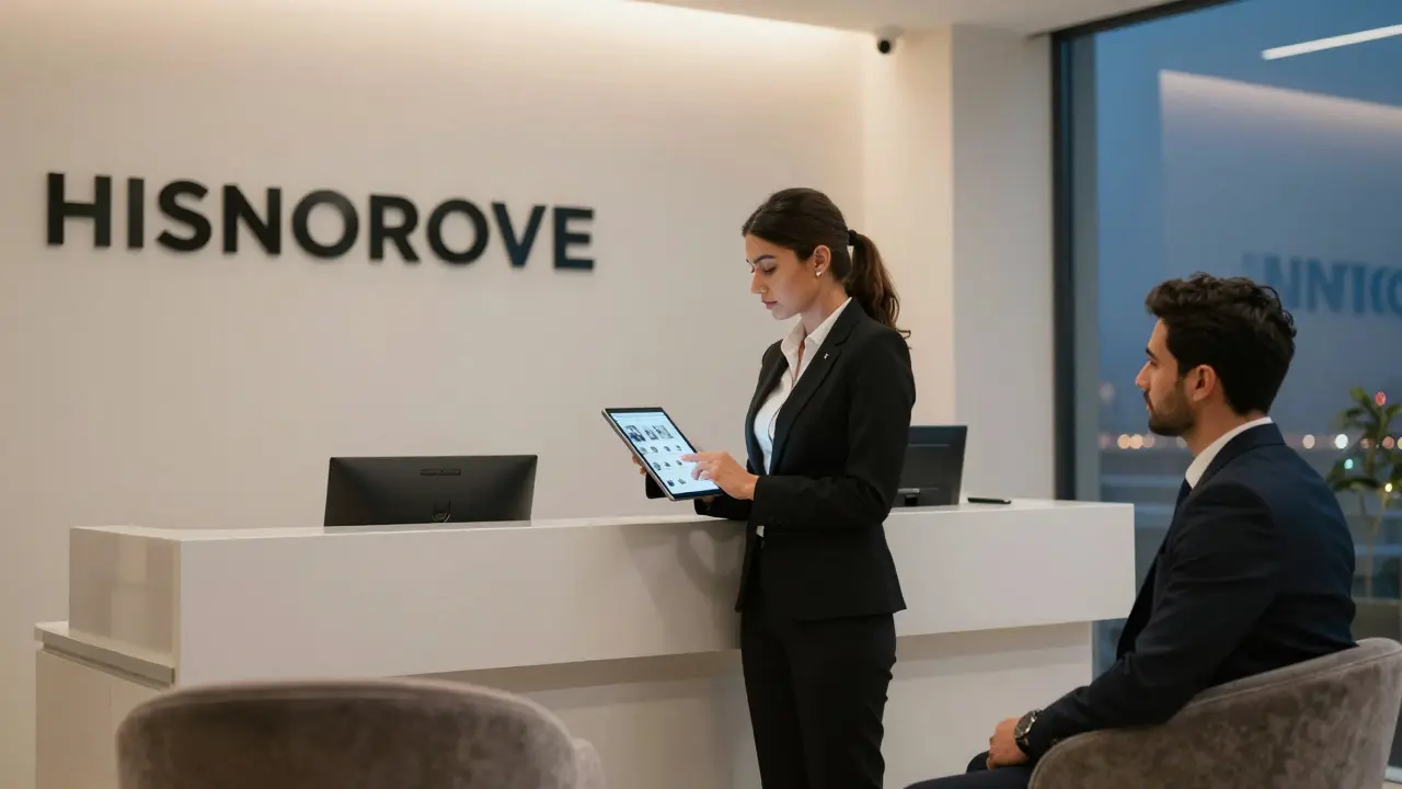 Professional escort agency office in Dubai, discreet and modern, client and staff in business attire, atmosphere of trust.