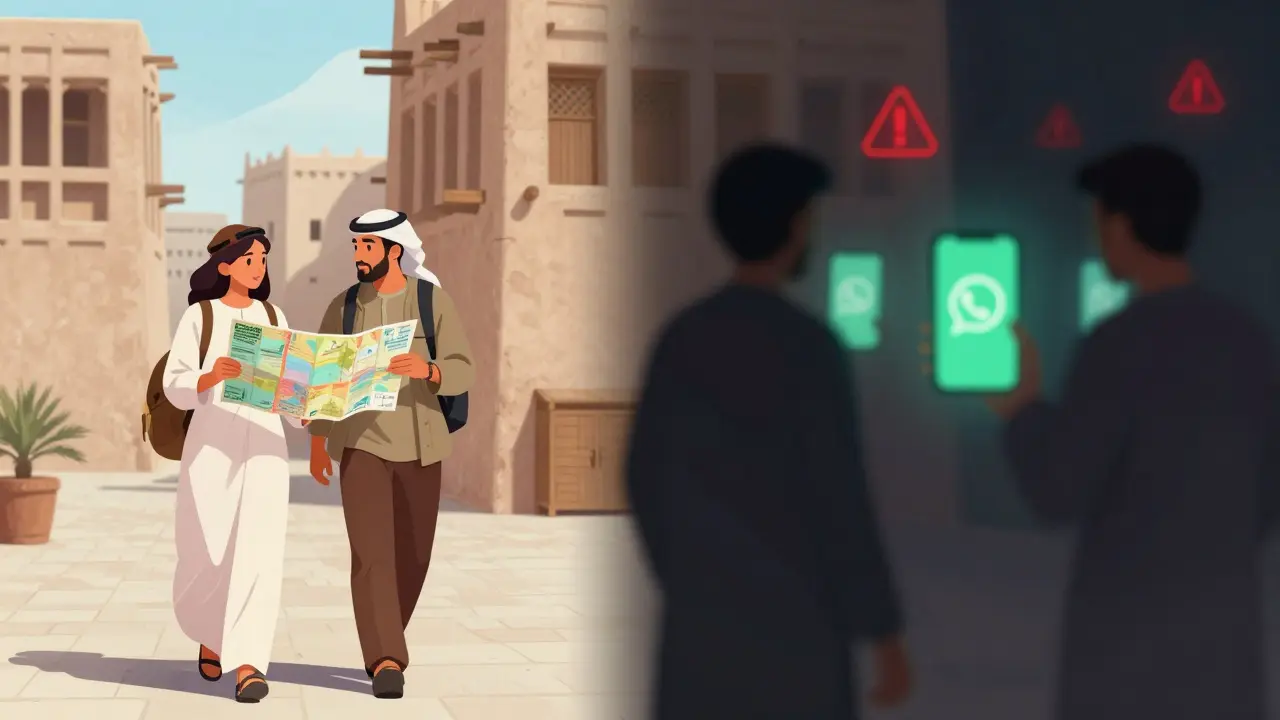 Split image: tourist with licensed guide in daylight vs. shadowy online scams at night.