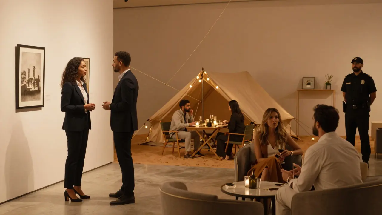 Three discreet scenes of companionship in Dubai: gallery, desert dinner, and hotel lounge, connected by a golden thread of trust.
