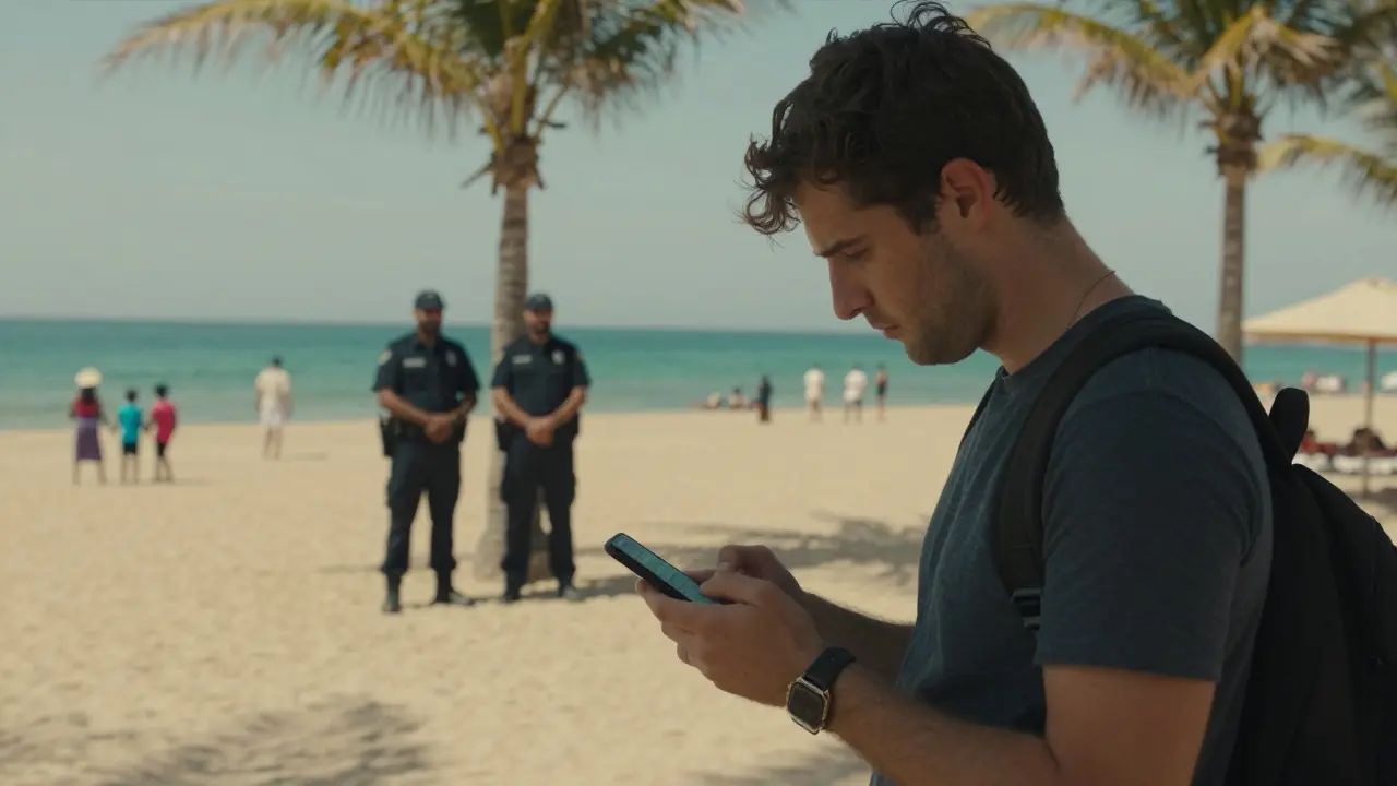 Tourist looking anxiously at phone on beach, plainclothes officers nearby, family enjoying shore quietly.