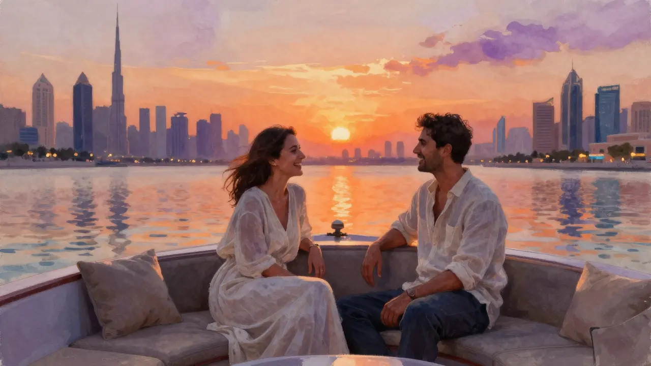 Two people enjoying a peaceful sunset cruise on Dubai Marina, silhouetted against the glowing skyline.