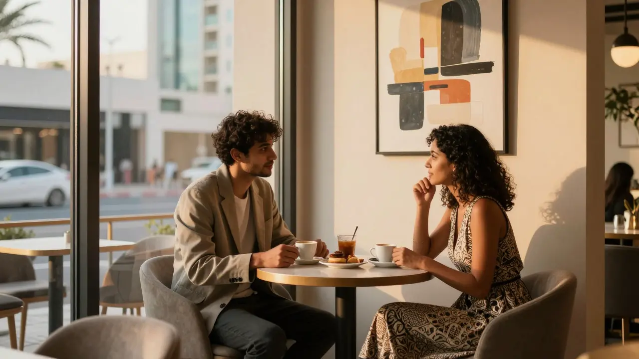 Two people having a quiet conversation over coffee in a stylish Dubai café with art on the walls.