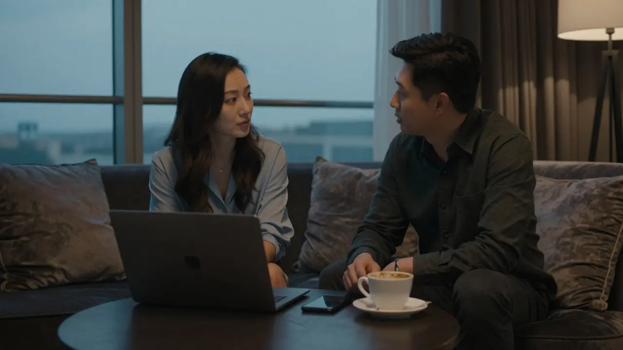 Two people in a luxury hotel lounge, quietly conversing with a coffee cup between them.