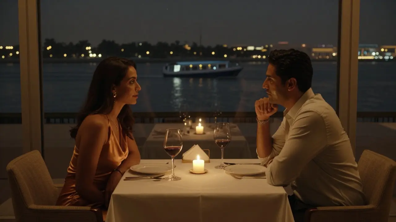 A couple shares an intimate dinner at a luxury Dubai restaurant, candlelight reflecting off wine glasses and fine china.