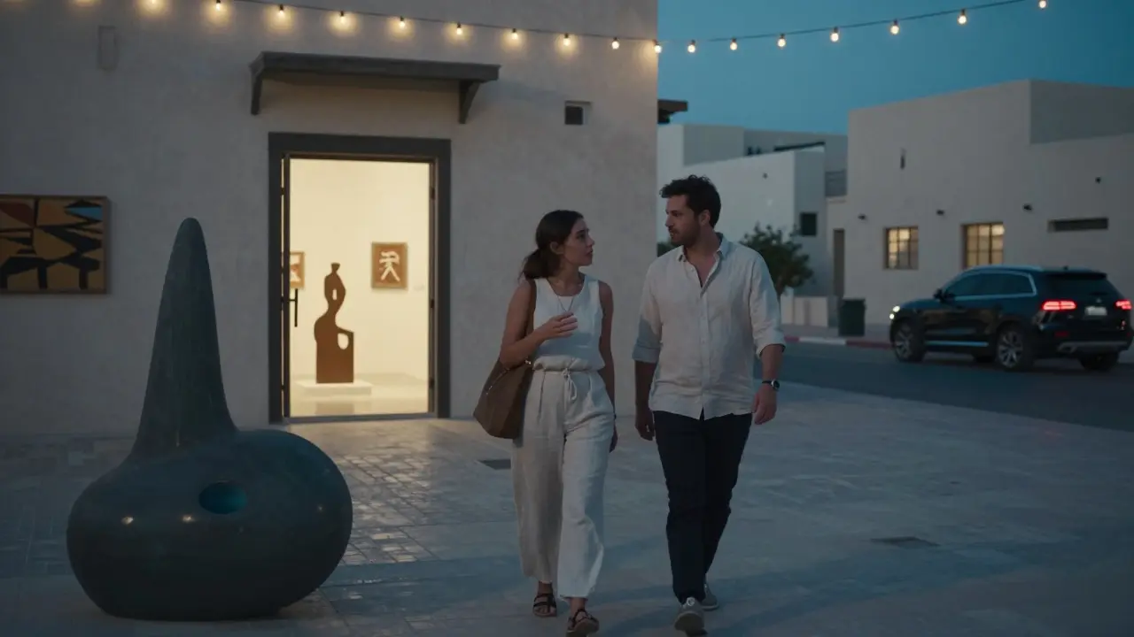 A couple strolling through Alserkal Avenue at night, surrounded by modern art installations under soft string lights.