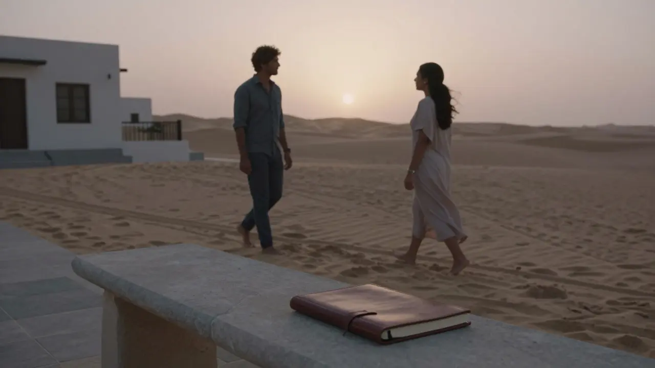 A couple walks barefoot along a quiet desert beach at dawn, embodying serene, wordless connection.