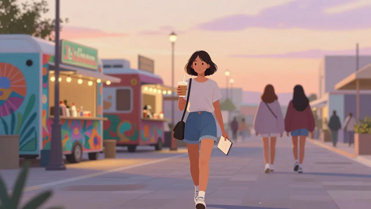 A girl strolling at JBR Art Walk at sunset, holding chai and a notebook, surrounded by street art.