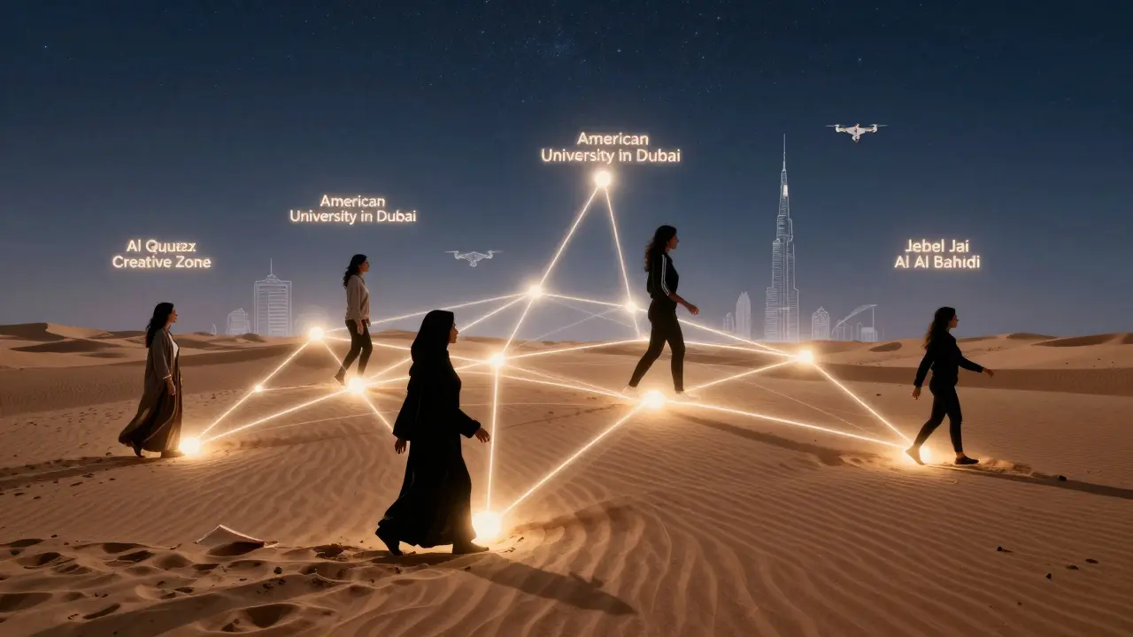 A glowing network of light connects Dubai locations, with silhouettes of women moving between them, symbolizing innovation and connection.