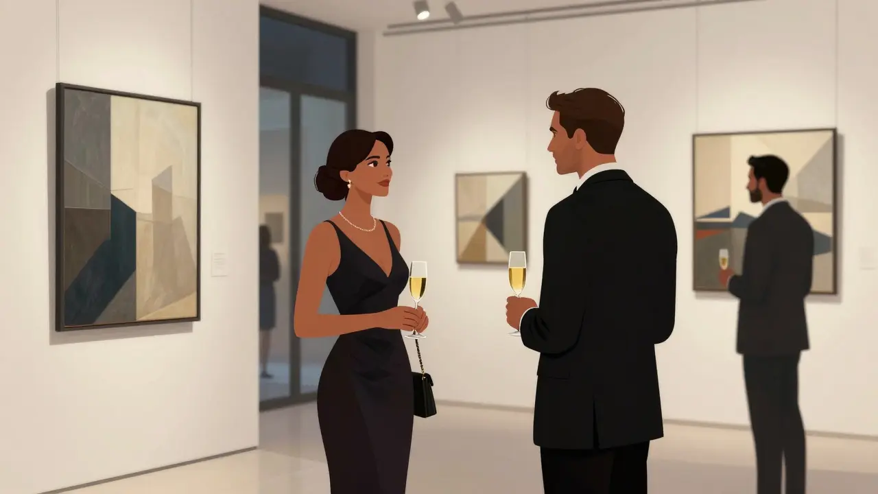 A luxury escort and client at an art gallery opening in Dubai, engaged in thoughtful conversation amid contemporary artworks.