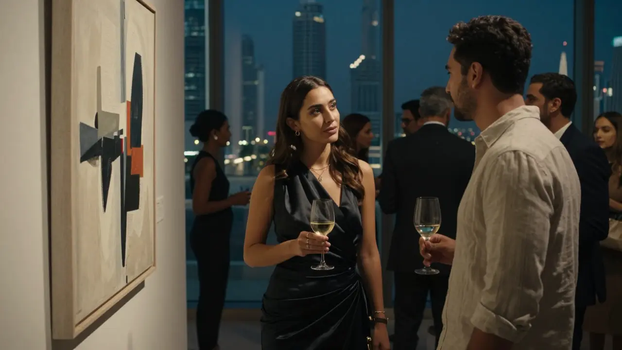 A man and woman connecting at an art opening in downtown Dubai, surrounded by modern art and city lights.