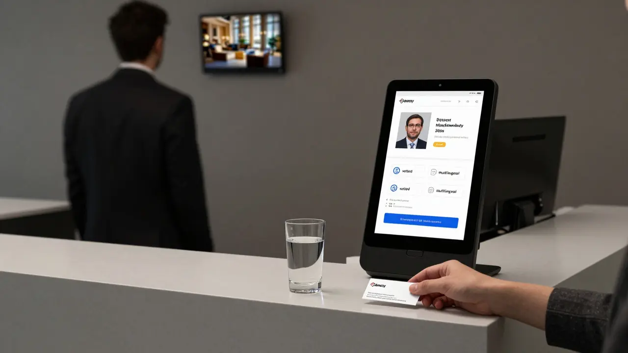 A minimalist agency office in Dubai with a digital kiosk displaying verified escort profiles and a business card on the counter.