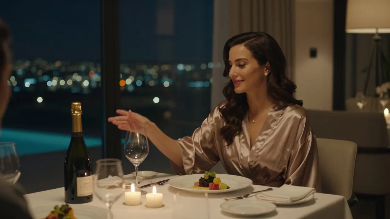 A private villa dining scene with candlelight and city views at night in Dubai.