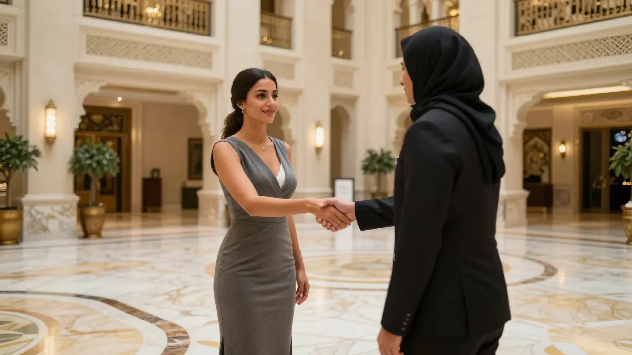 A professional companion meets a client in the grand lobby of the Burj Al Arab, elegant and discreet.