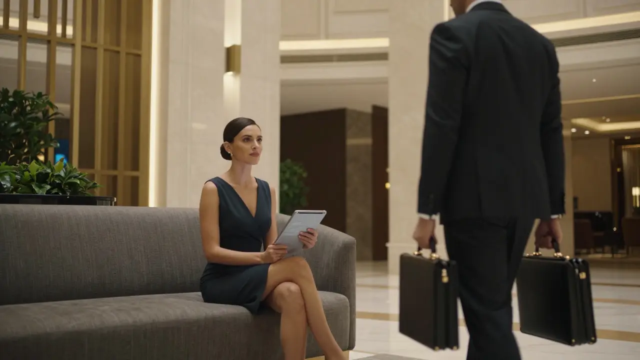 A professional escort waiting in a luxury hotel lobby, dressed elegantly beside a client with a briefcase.
