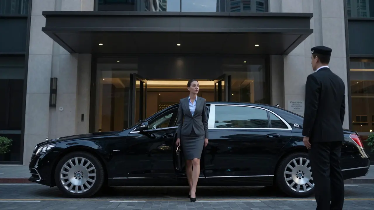 A professional woman arriving at a discreet upscale agency building in Dubai at dusk.